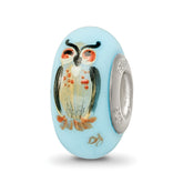 Ster.Silver Reflections Blue Hand Painted Wisdom Owl Fenton Glass Bead
